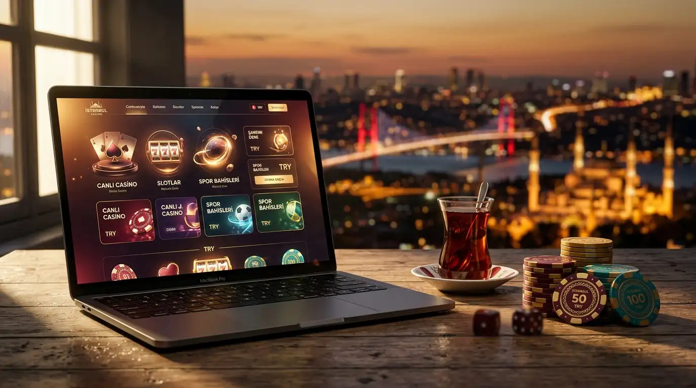 Türkiye temasında online casino konsepti, dizüstü bilgisayar üzerinde casino arayüzü, Türk çayı ve casino fişleri ile sıcak tonlarda düzenlenmiş masaüstü sahne