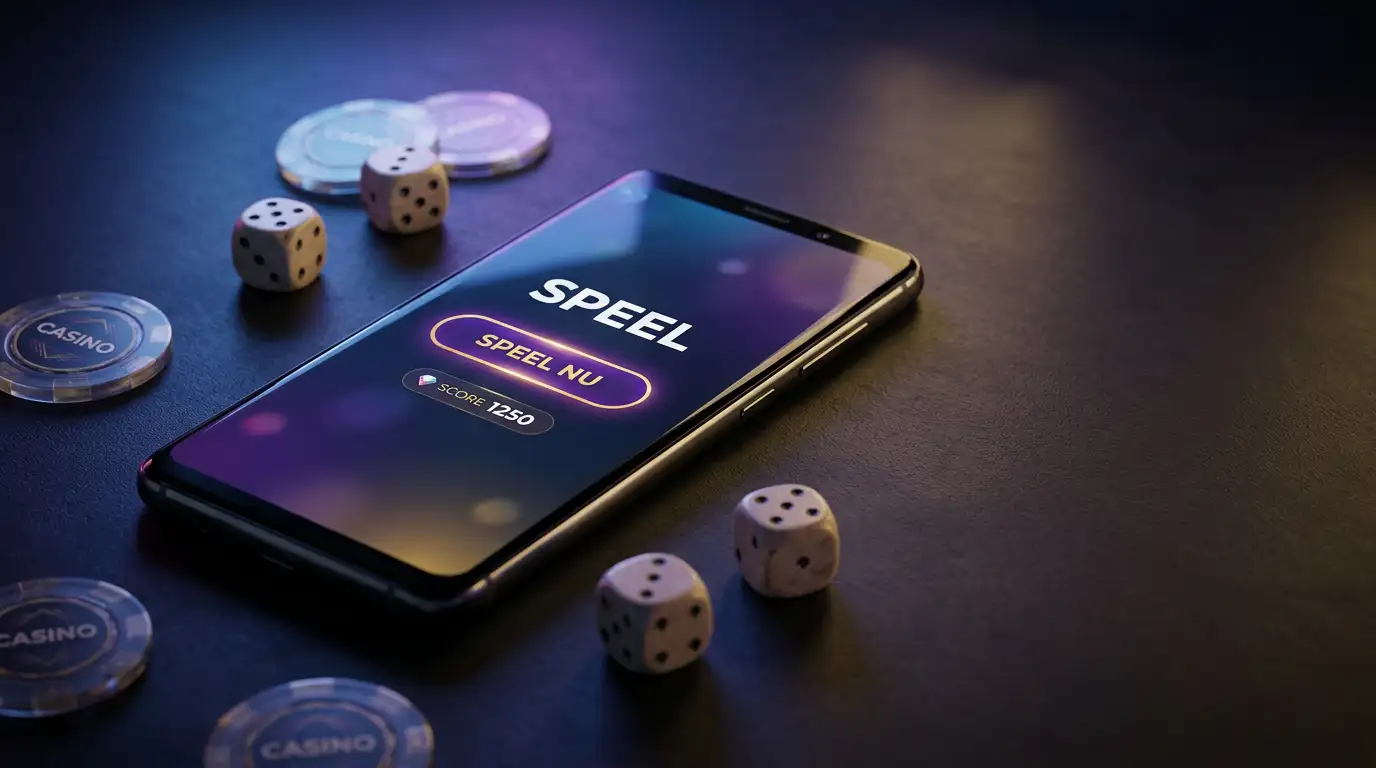 Android-smartphone met casinospel op het scherm in een donkere sfeervolle omgeving
