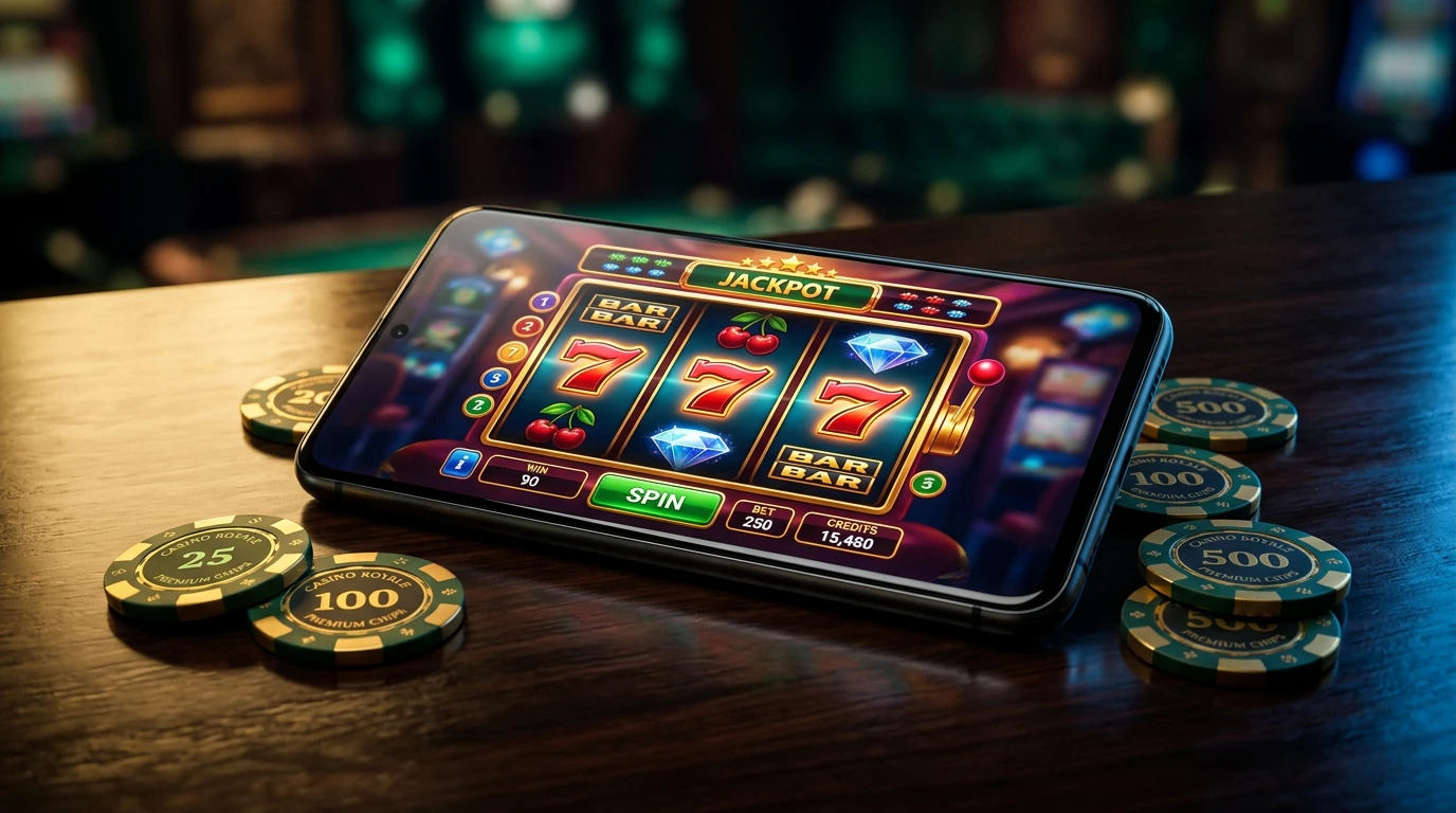 Android akilli telefon ekraninda casino oyunu arayuzu, poker fisleri ve zarlarla cevrili dramatik isiklandirmali sahne