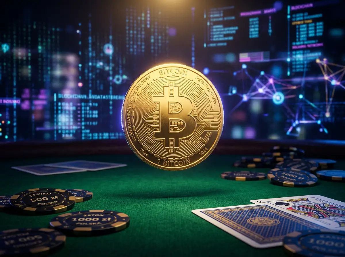 Złota moneta Bitcoin na tle cyfrowego interfejsu kasyna online z elementami technologii blockchain