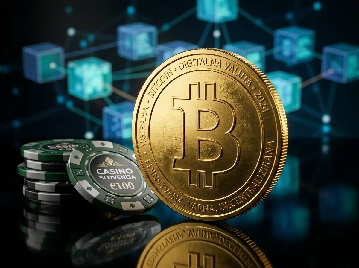 Zlata minca Bitcoin polozena na tmavom pozadi vedla smartfonu s rozhranim online kasína