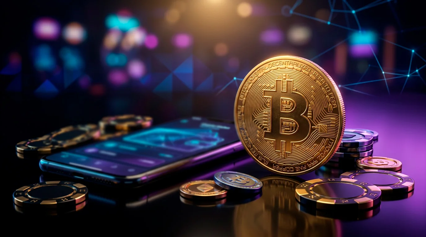 Moneta Bitcoin dorata accanto a un dispositivo digitale per pagamenti nei casino online