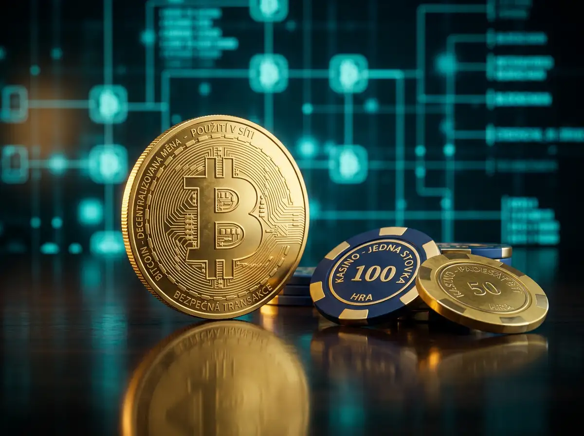Zlata mince Bitcoin na hernim stole kasina s fisky a digitalnimi prvky blockchainu na pozadi
