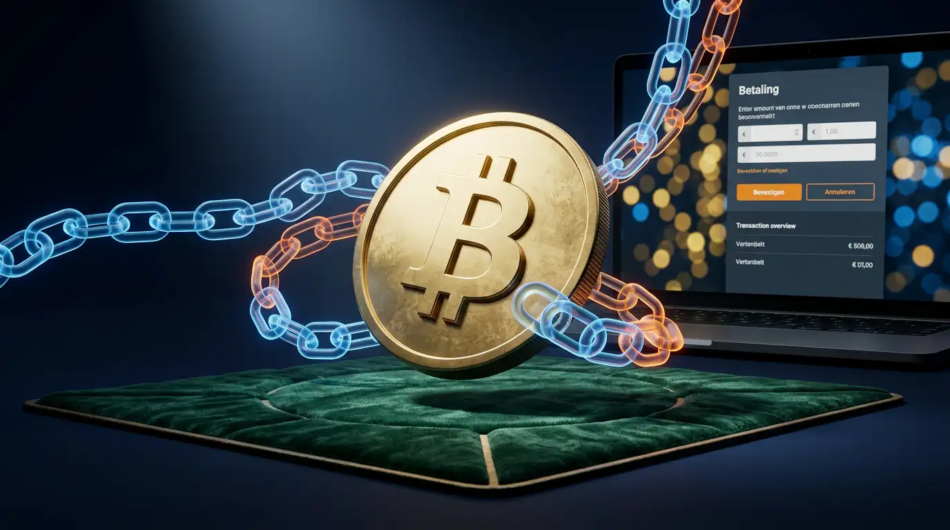 Gouden Bitcoin-munt op een speeltafel met digitale blockchain-elementen op de achtergrond