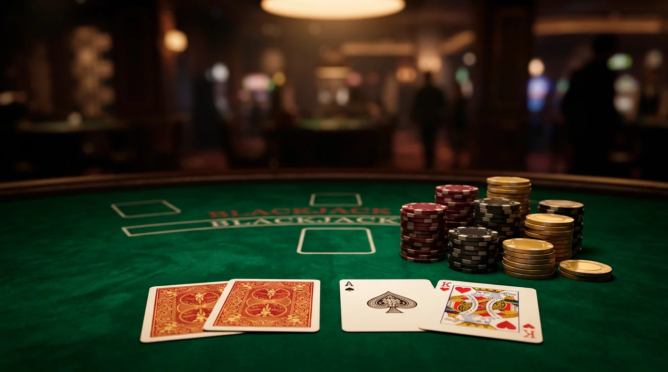 Tavolo da blackjack con carte scoperte, fiches colorate e panno verde sotto luci soffuse di un casino online
