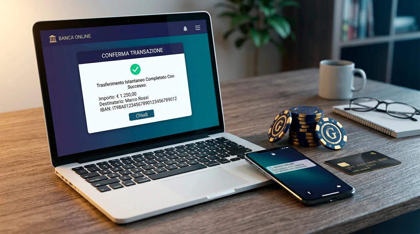 Interfaccia di pagamento con bonifico diretto in un casino online italiano con simboli di sicurezza bancaria