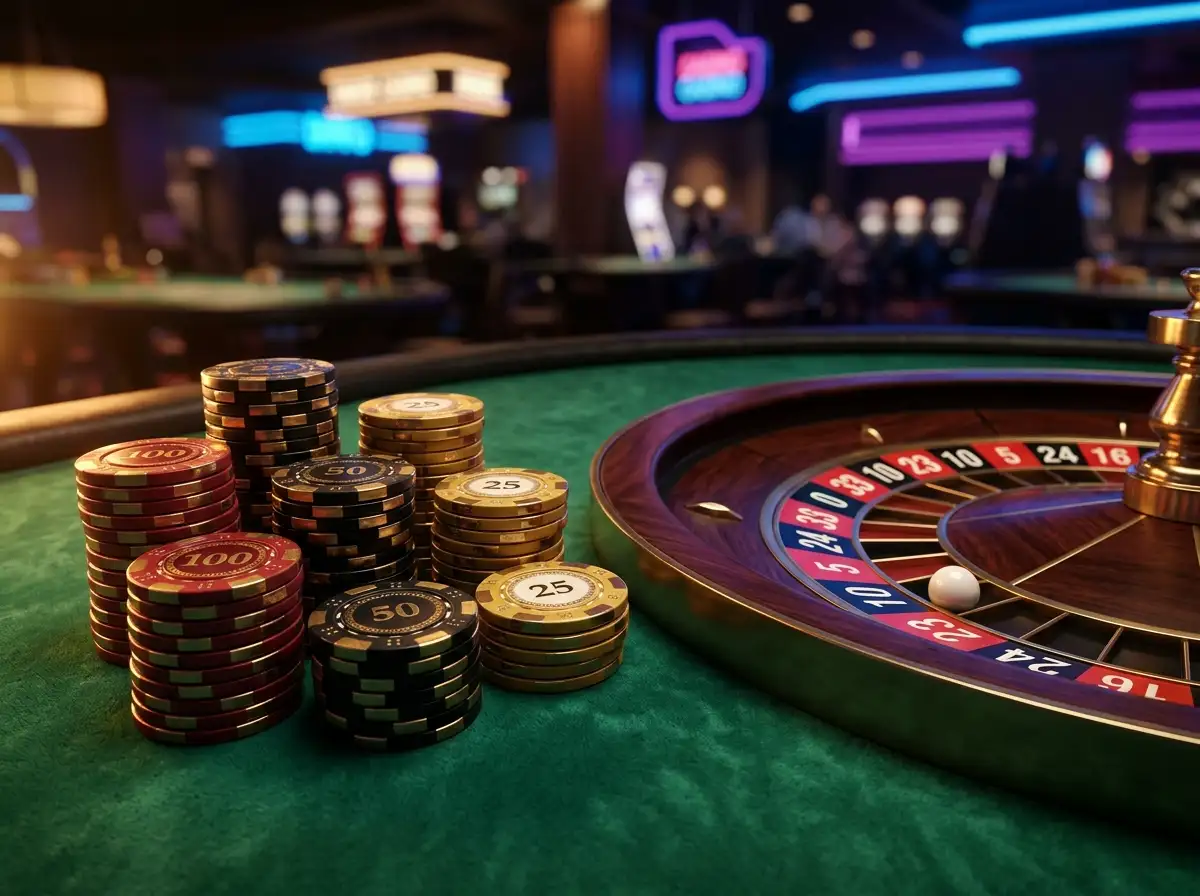 Fichas de casino y ruleta en una mesa de juego iluminada con luces neon representando los bonos sin deposito en casinos en linea