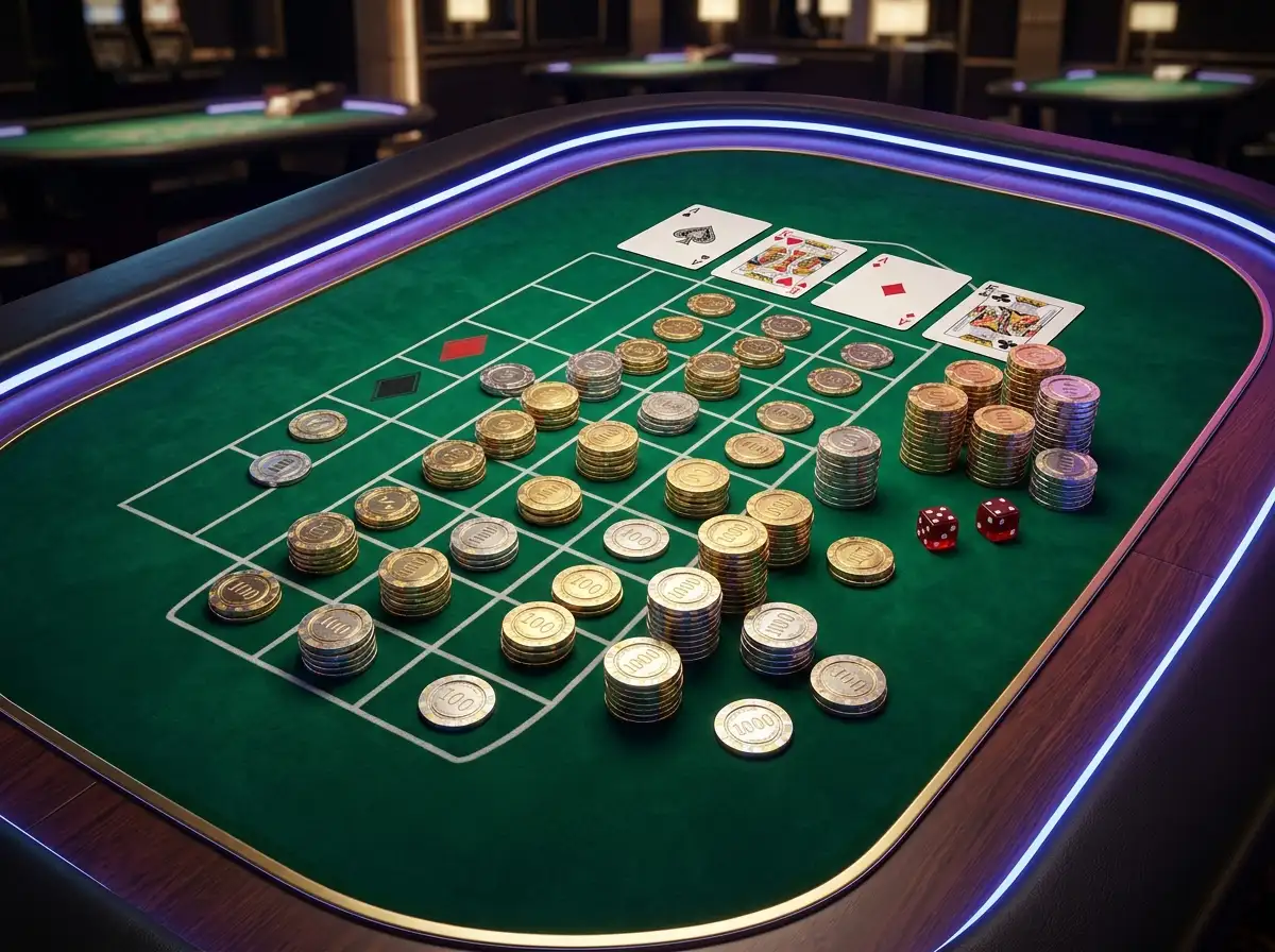 Mesa de casino iluminada con fichas y cartas representando los bonos de bienvenida en casinos en linea
