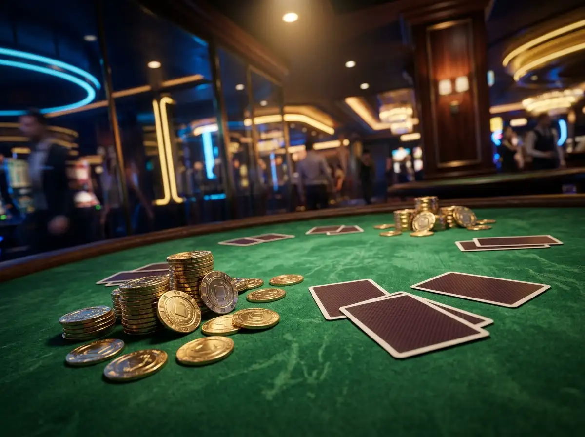 Mesa de casino en linea con fichas doradas y cartas iluminada con luces neon azules y doradas