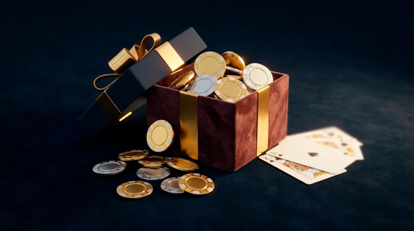 Fiches dorate e carte da gioco che escono da una confezione regalo su sfondo scuro di velluto