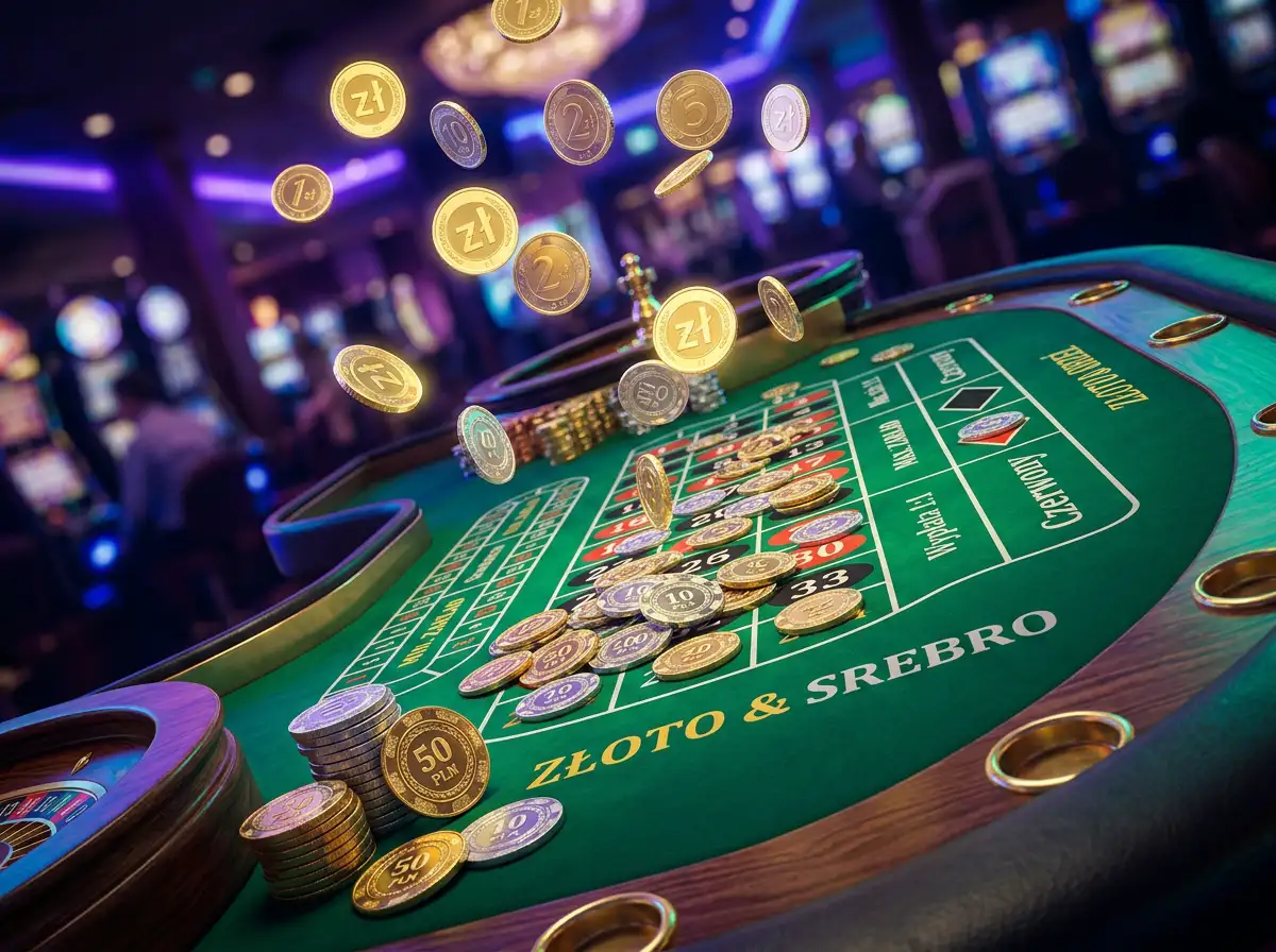 Żetony kasynowe i wirtualne monety na tle neonowego światła symbolizujące bonus bez depozytu w kasynie online
