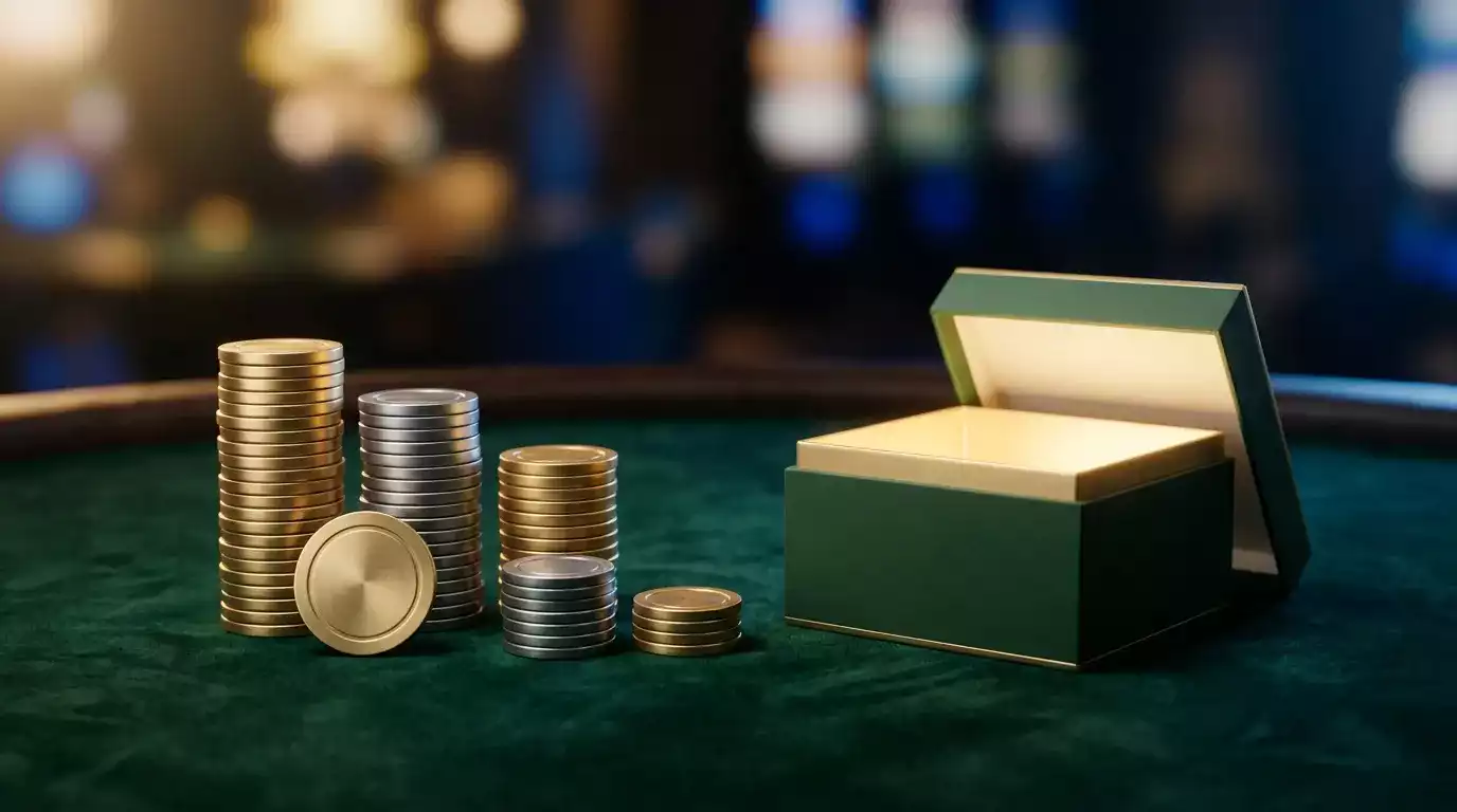 Fichas de casino douradas e cartoes de bonus sobre uma mesa de jogo verde com iluminacao profissional