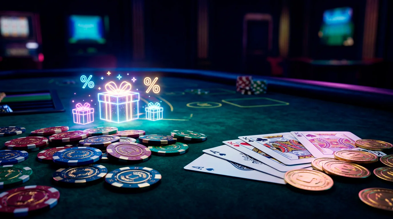 Fiches da casino, carte da gioco e simboli di bonus su sfondo scuro con luci al neon