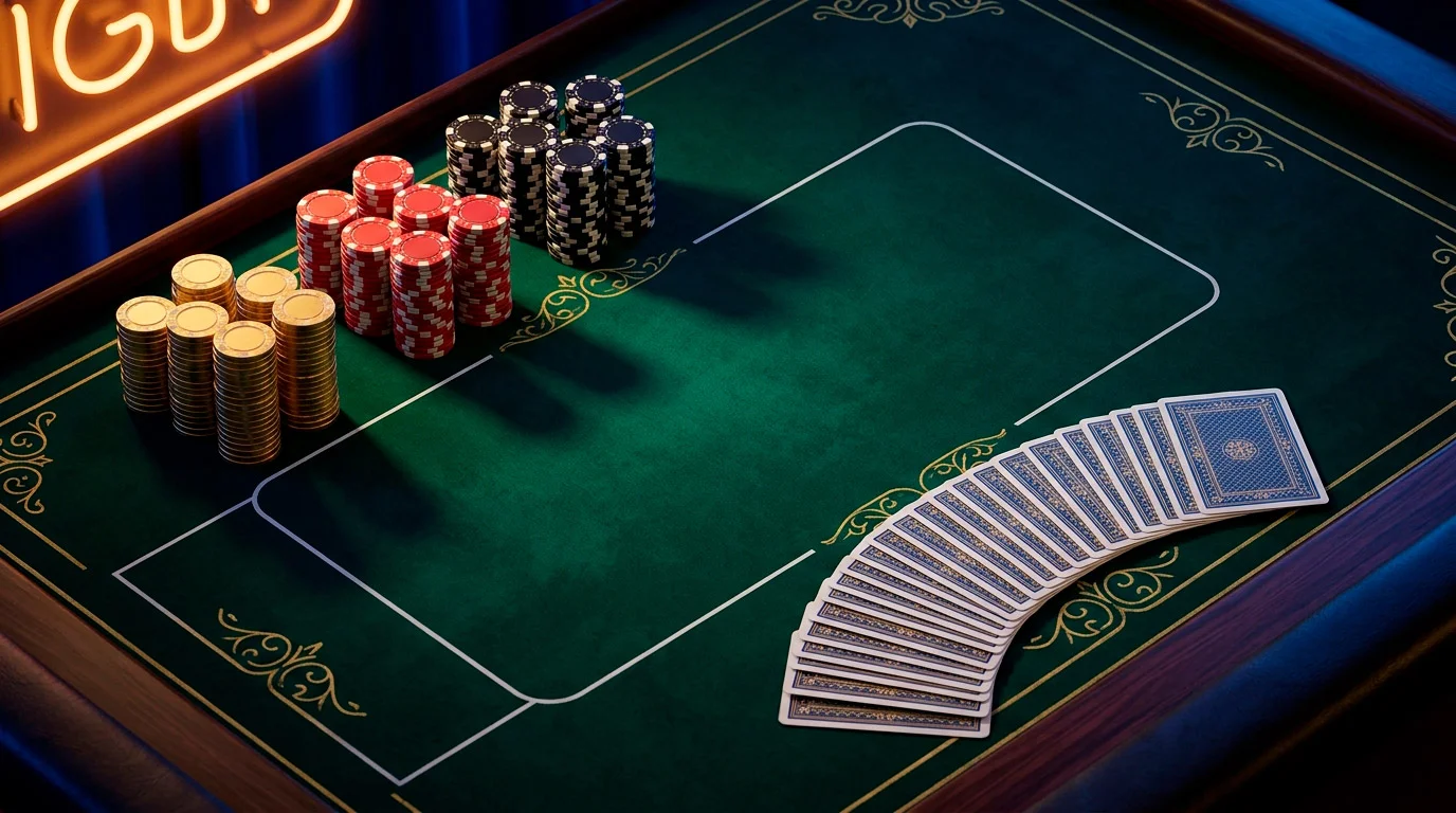Tavolo da gioco in un casino online con fiches e carte illuminate da luci al neon