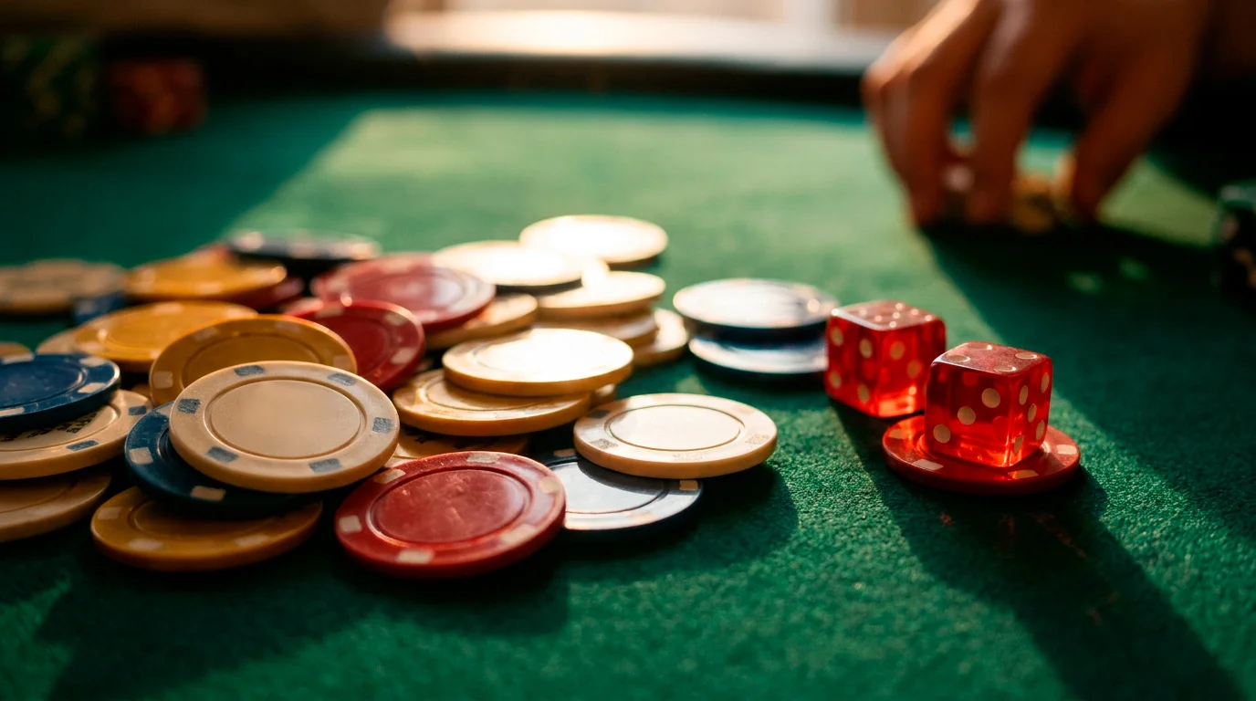 Fiches da casino e dadi su un tavolo da gioco illuminato con luce dorata
