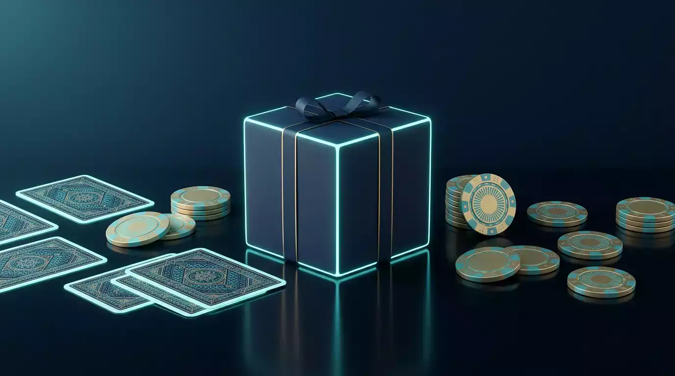 Fichas de casino e ecra de telemovel com bonus digital num ambiente de jogo online com iluminacao elegante