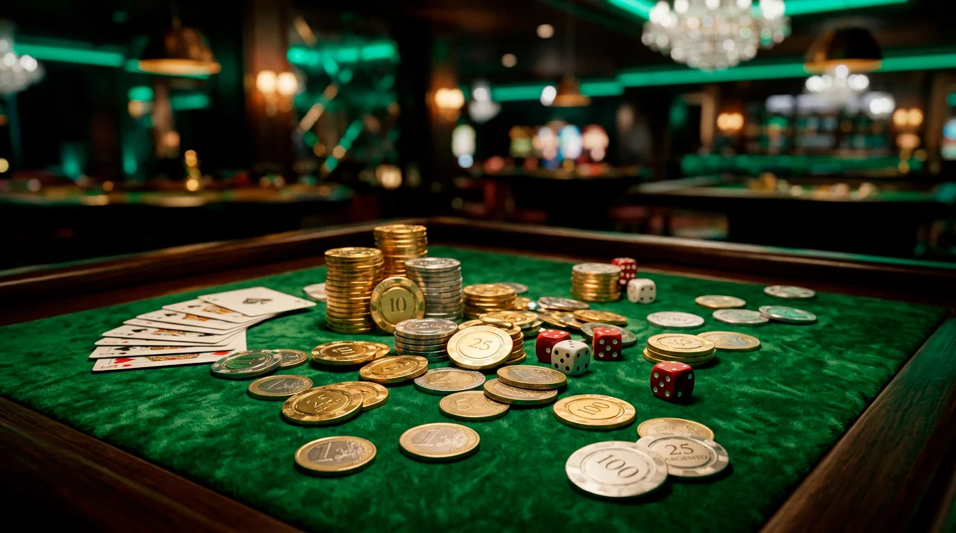 Fiches da casino e monete dorate su un tavolo da gioco verde illuminato da luci al neon, simbolo dei bonus senza deposito nei casino online italiani