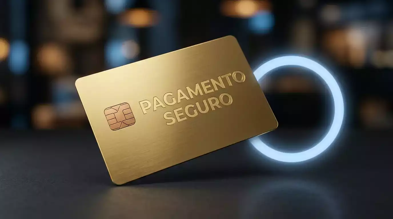 Cartao de credito dourado sobre superficie escura com reflexos de luz neon azul e elementos digitais de seguranca