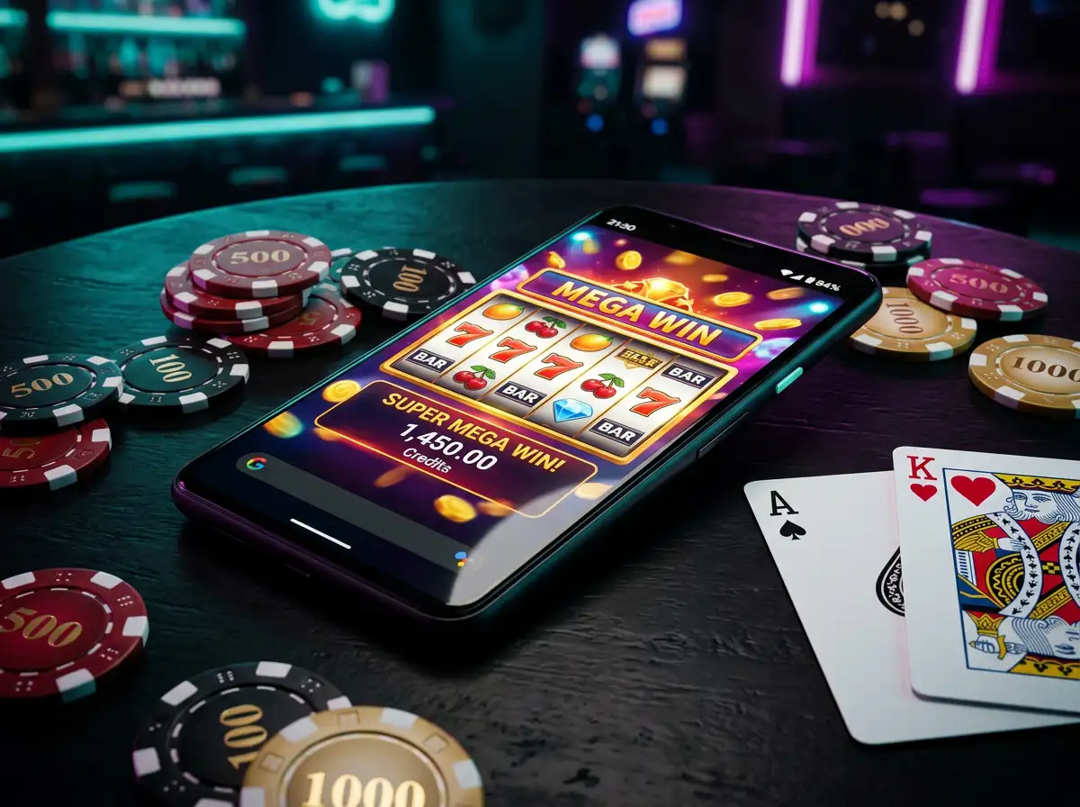 Telefono Android mostrando juegos de casino en pantalla con fichas y cartas alrededor