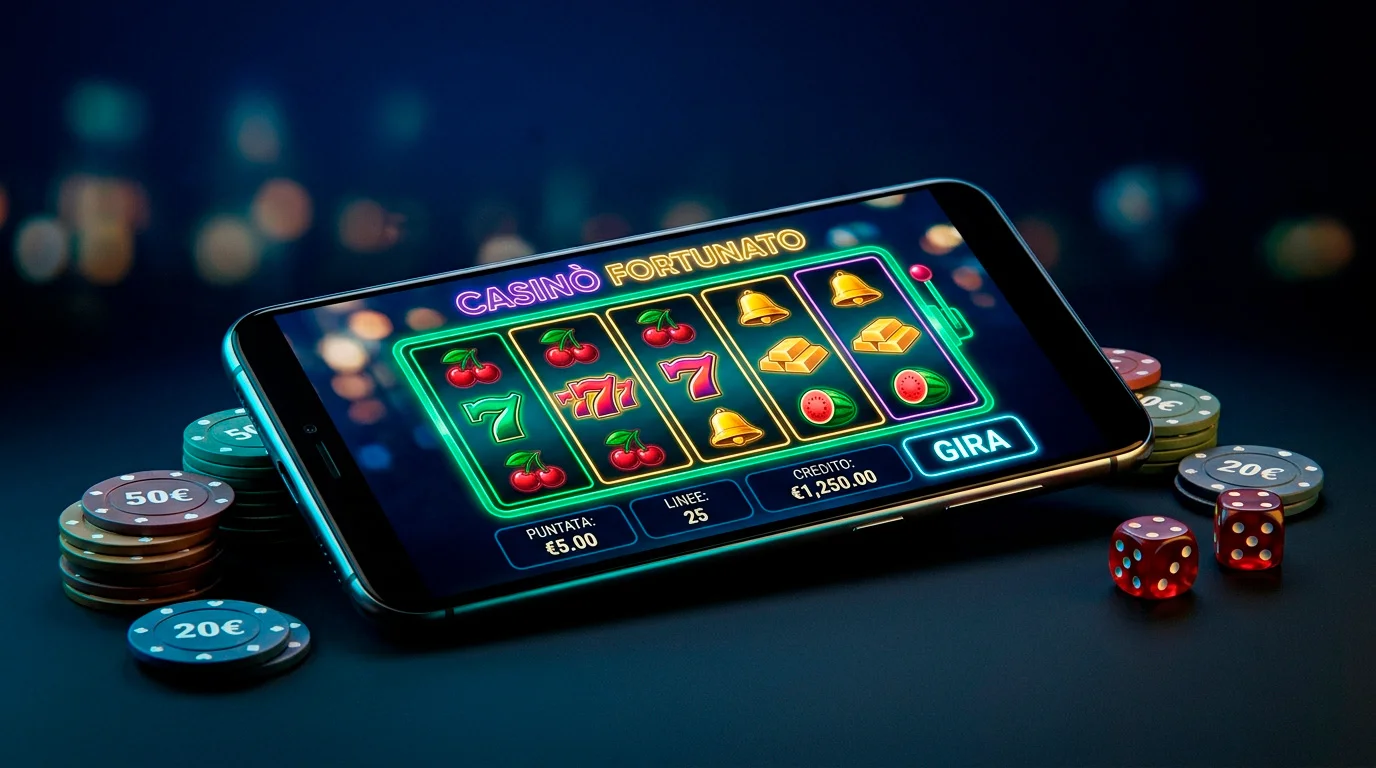 Smartphone Android con interfaccia di gioco da casino su sfondo scuro con luci al neon