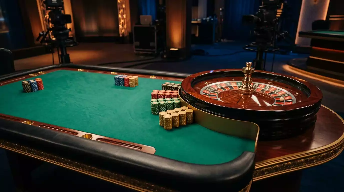 Mesa de casino ao vivo com dealer profissional a distribuir cartas sob iluminacao cinematografica