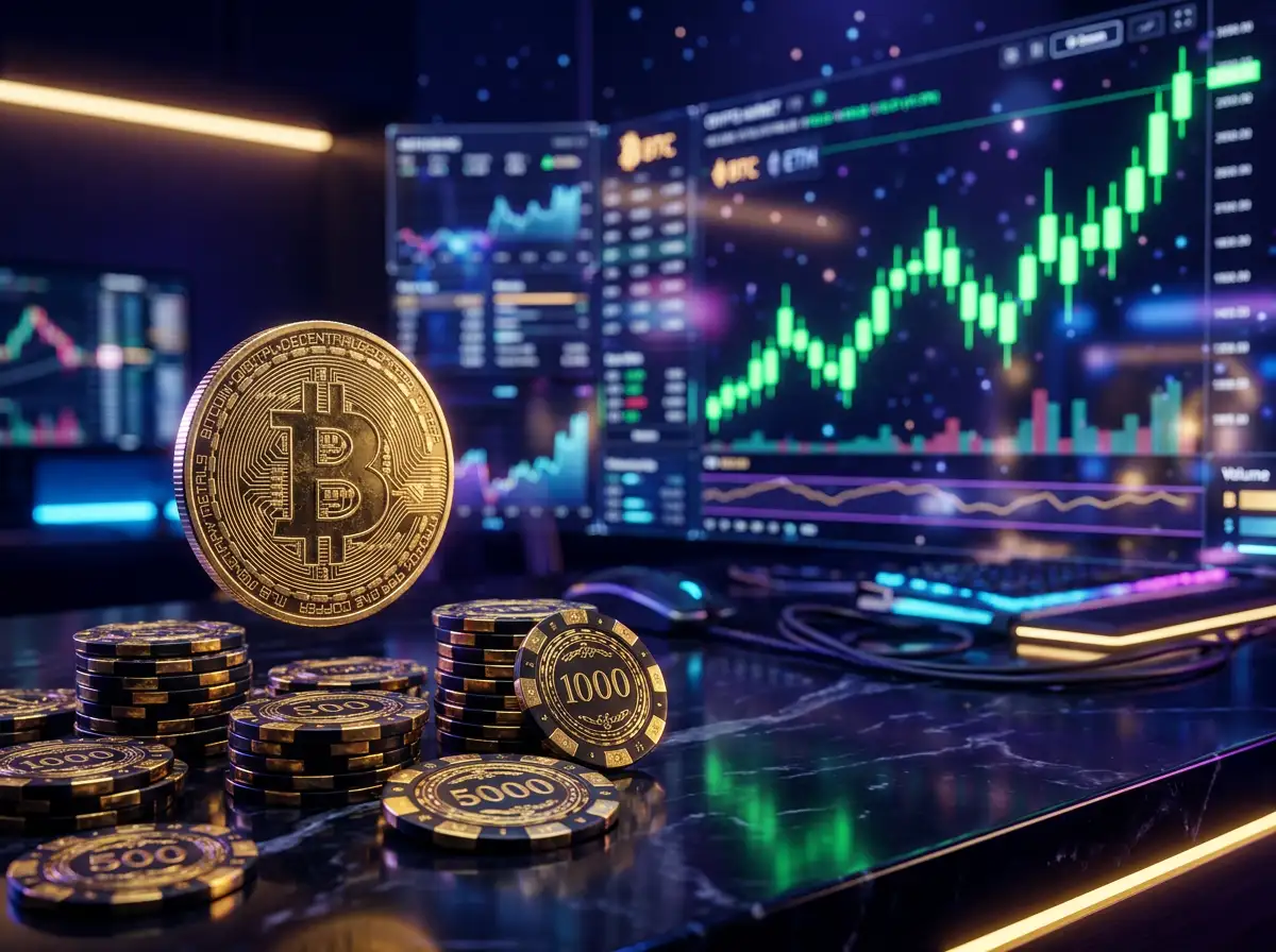 Moneda de Bitcoin dorada sobre mesa de casino con fichas y graficos de criptomonedas en el fondo