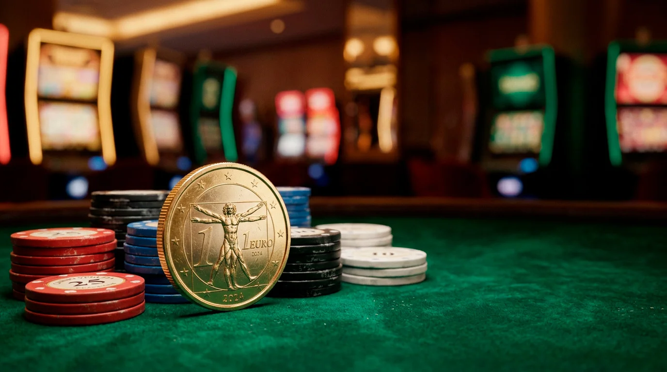 Scena di gioco al casino online con moneta da un euro e fiches su tavolo verde illuminato