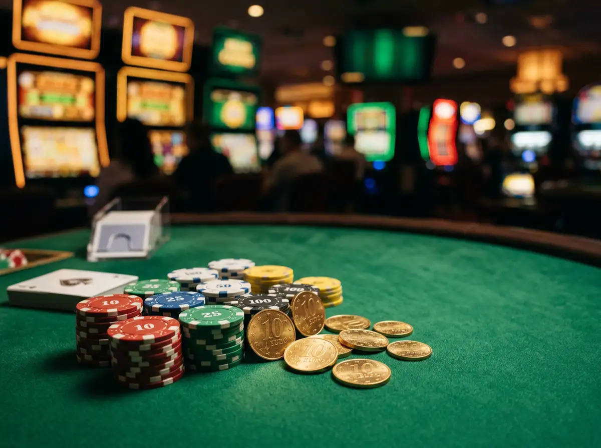 Mesa de casino en linea con fichas de juego y monedas de euro representando un deposito minimo de 10 euros