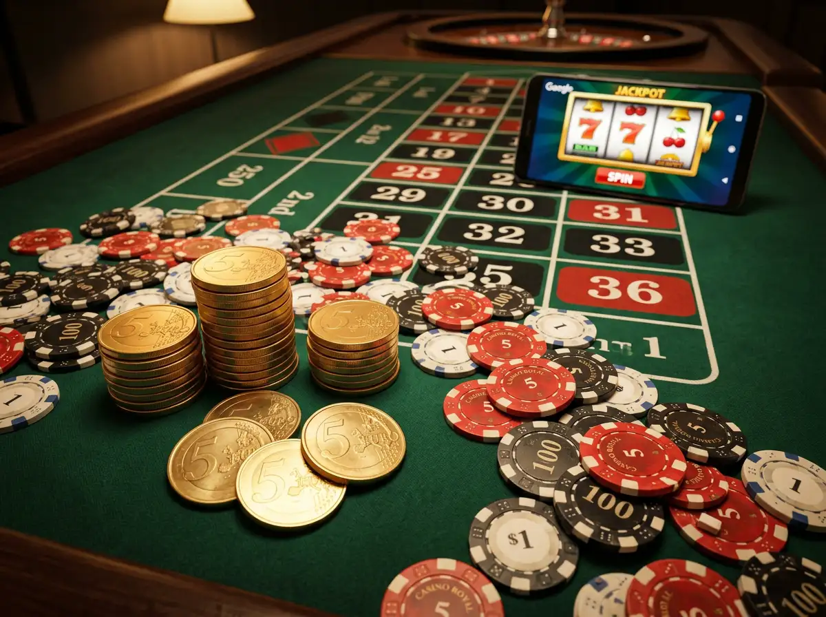 Mesa de casino en linea con fichas de 5 euros y dispositivos moviles mostrando tragamonedas