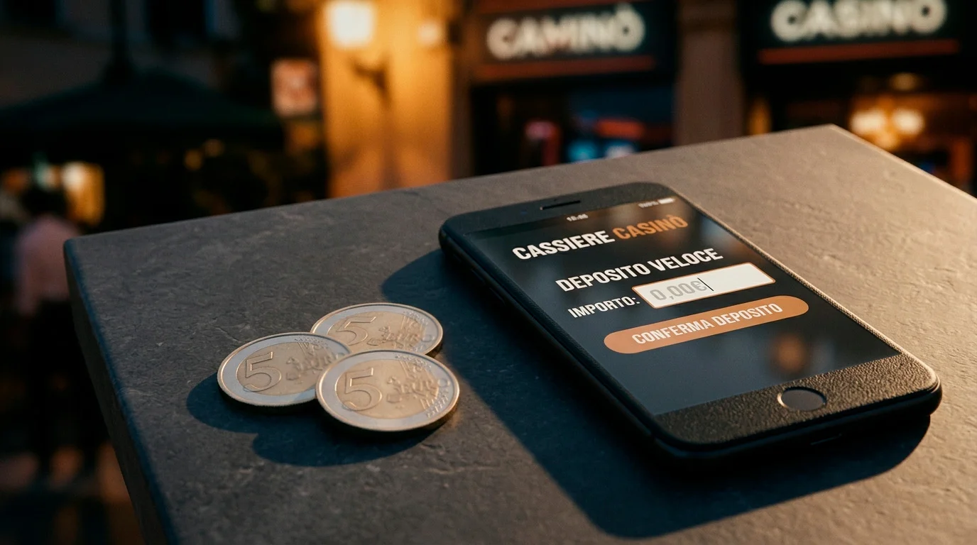 Monete da cinque euro accanto a uno schermo con interfaccia di un casino online e simboli di sicurezza bancaria