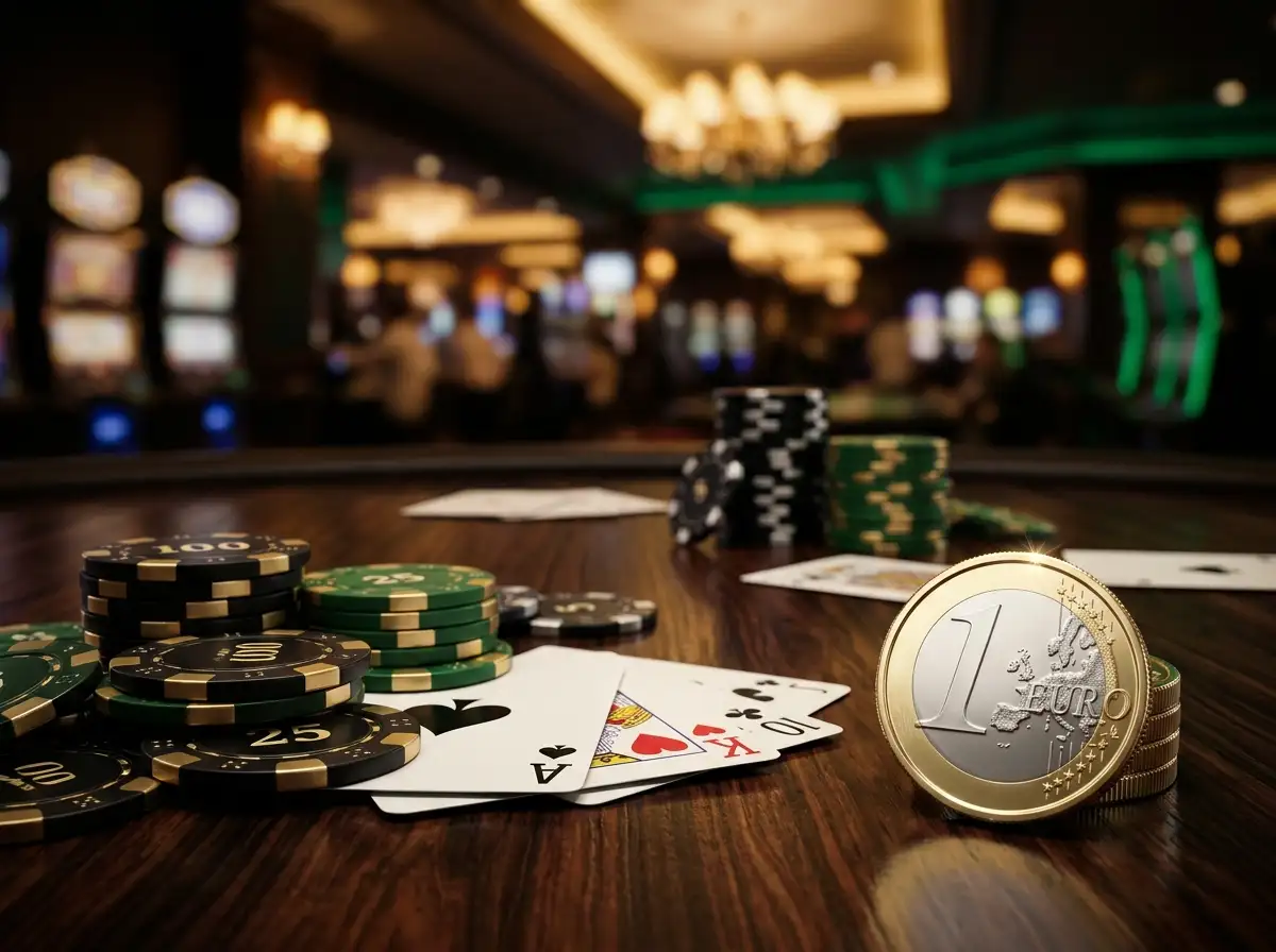 Mesa de casino en linea con fichas y moneda de un euro representando el deposito minimo disponible para jugadores