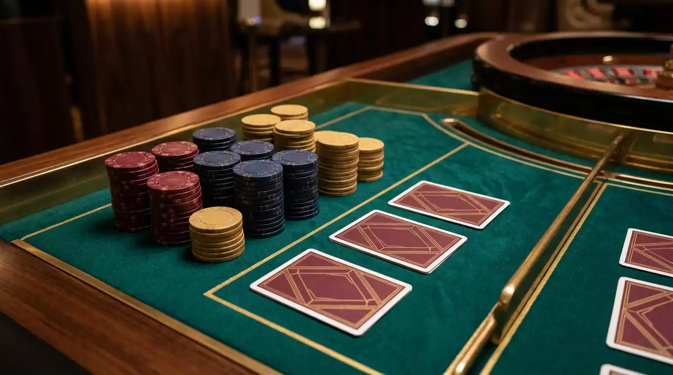 Mesa de casino com fichas e cartas iluminada por luzes douradas num ambiente sofisticado de jogo online em Portugal