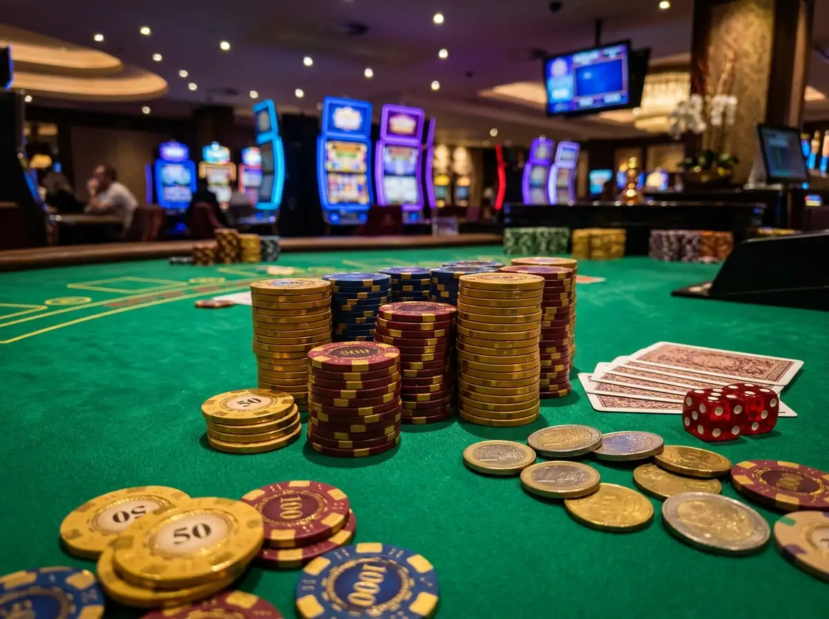 Mesa de casino con fichas, cartas y dados sobre pano verde iluminada con luces de neon