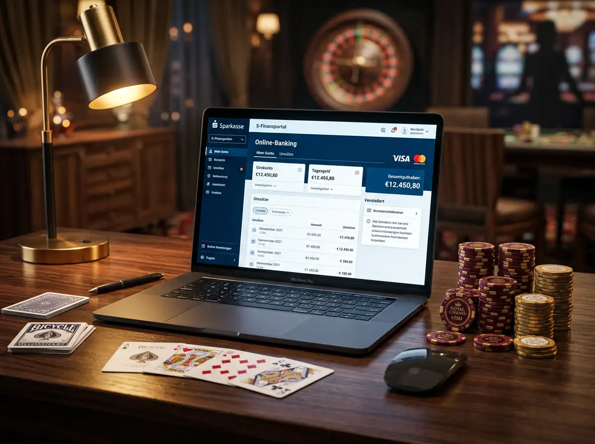 Pantalla de computadora mostrando una interfaz de banca en linea junto a fichas de casino y tarjetas bancarias sobre un escritorio elegante
