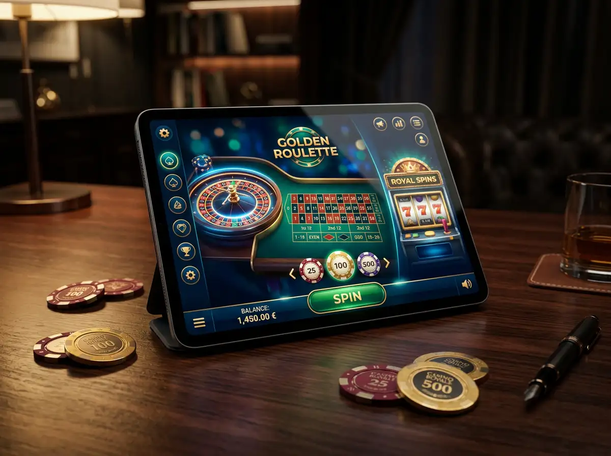 Tableta iPad mostrando la interfaz de un casino en linea con juegos de azar en pantalla sobre una mesa iluminada