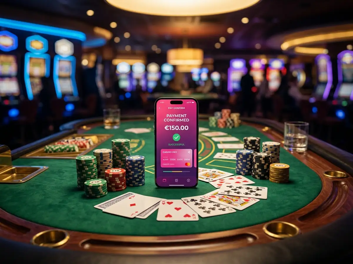 Mesa de casino con fichas y smartphone mostrando la interfaz de pago Klarna para depositos en un casino en linea