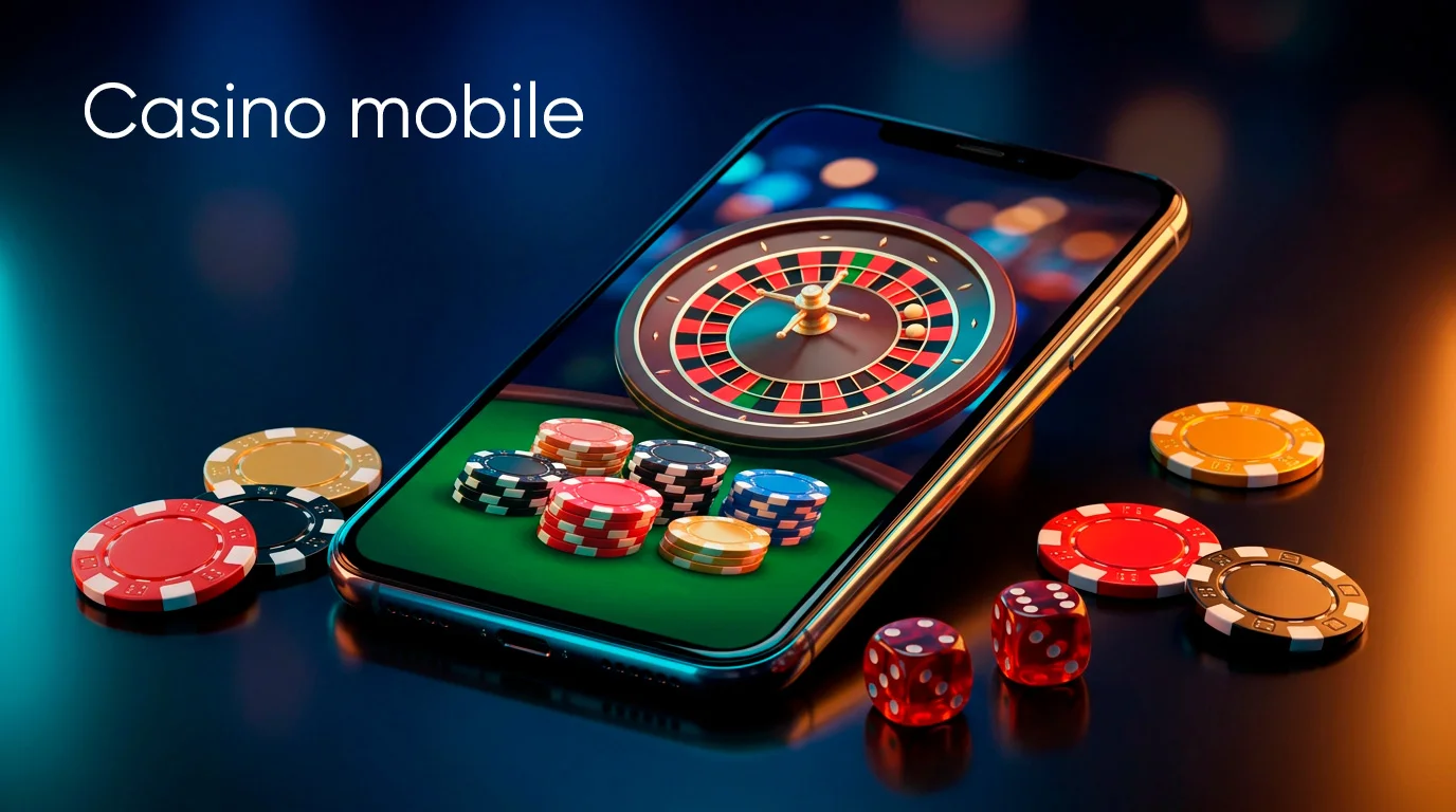 Smartphone con interfaccia di gioco da casino su sfondo scuro con luci al neon