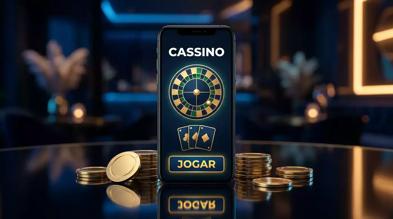 Smartphone com interface de casino movel sobre mesa iluminada com tons de neon azul e dourado