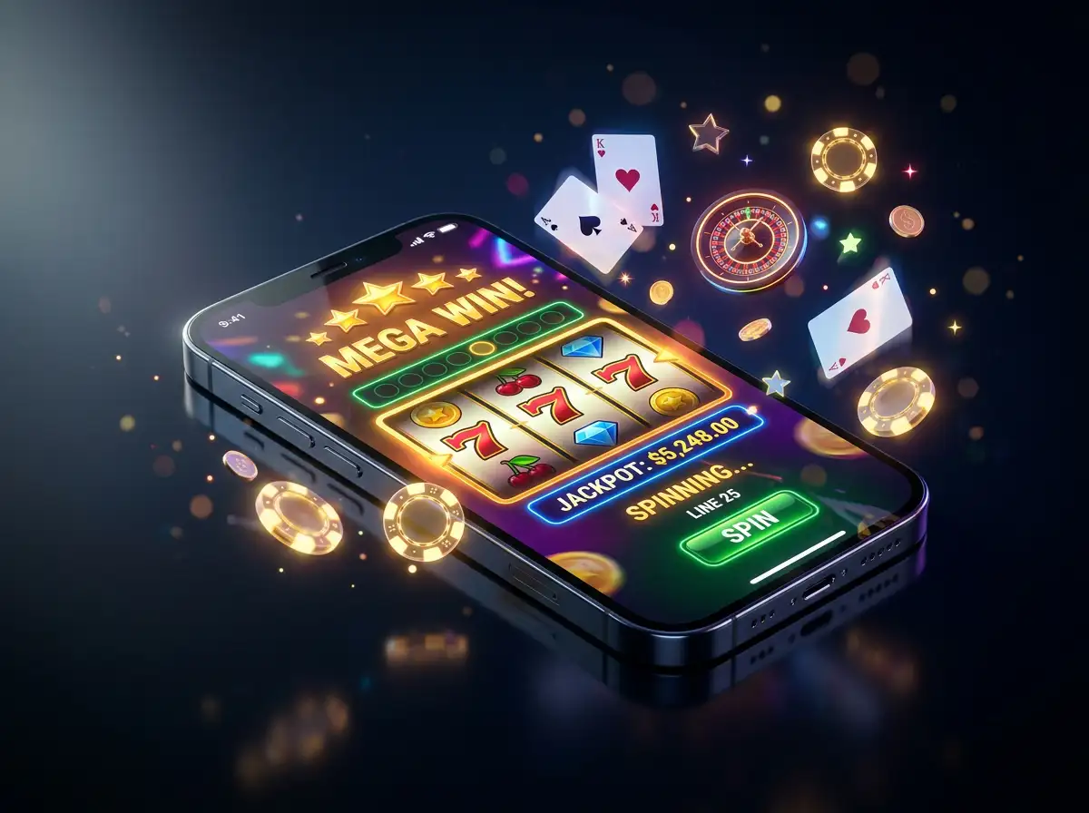 Smartphone mostrando la interfaz de un casino movil con juegos de azar en pantalla