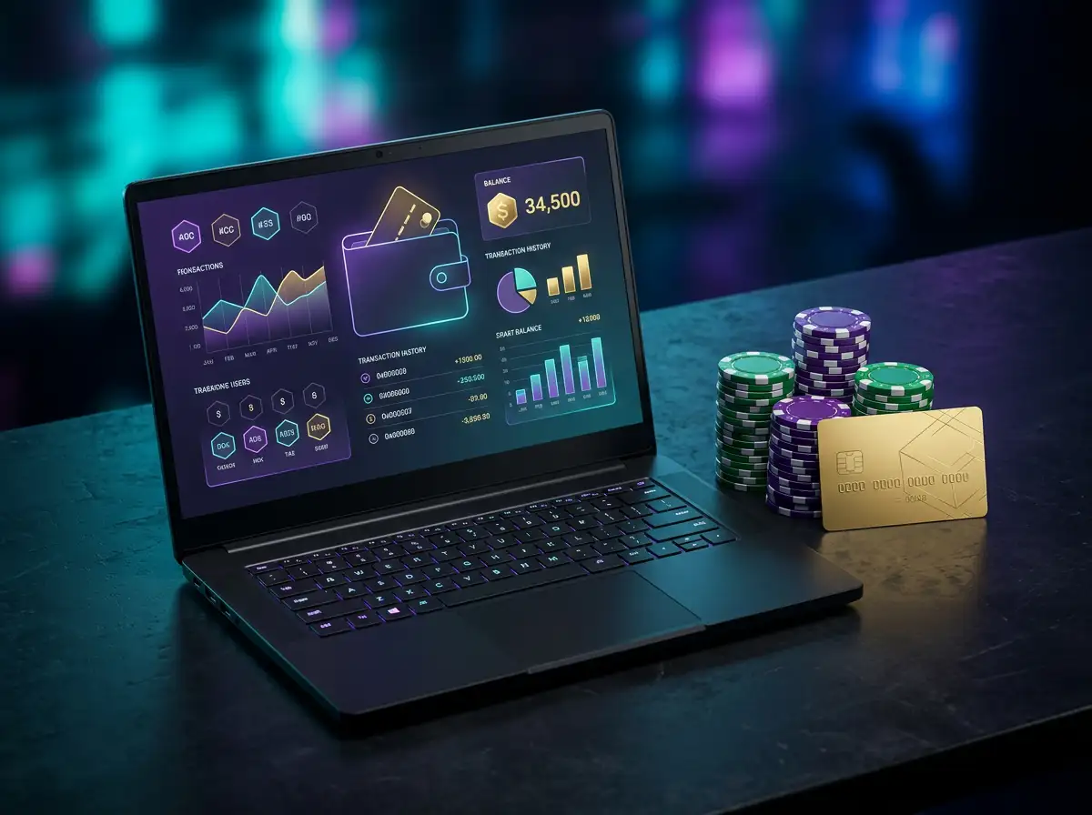 Monedero electronico Neteller junto a fichas de casino y pantalla de deposito en un casino en linea