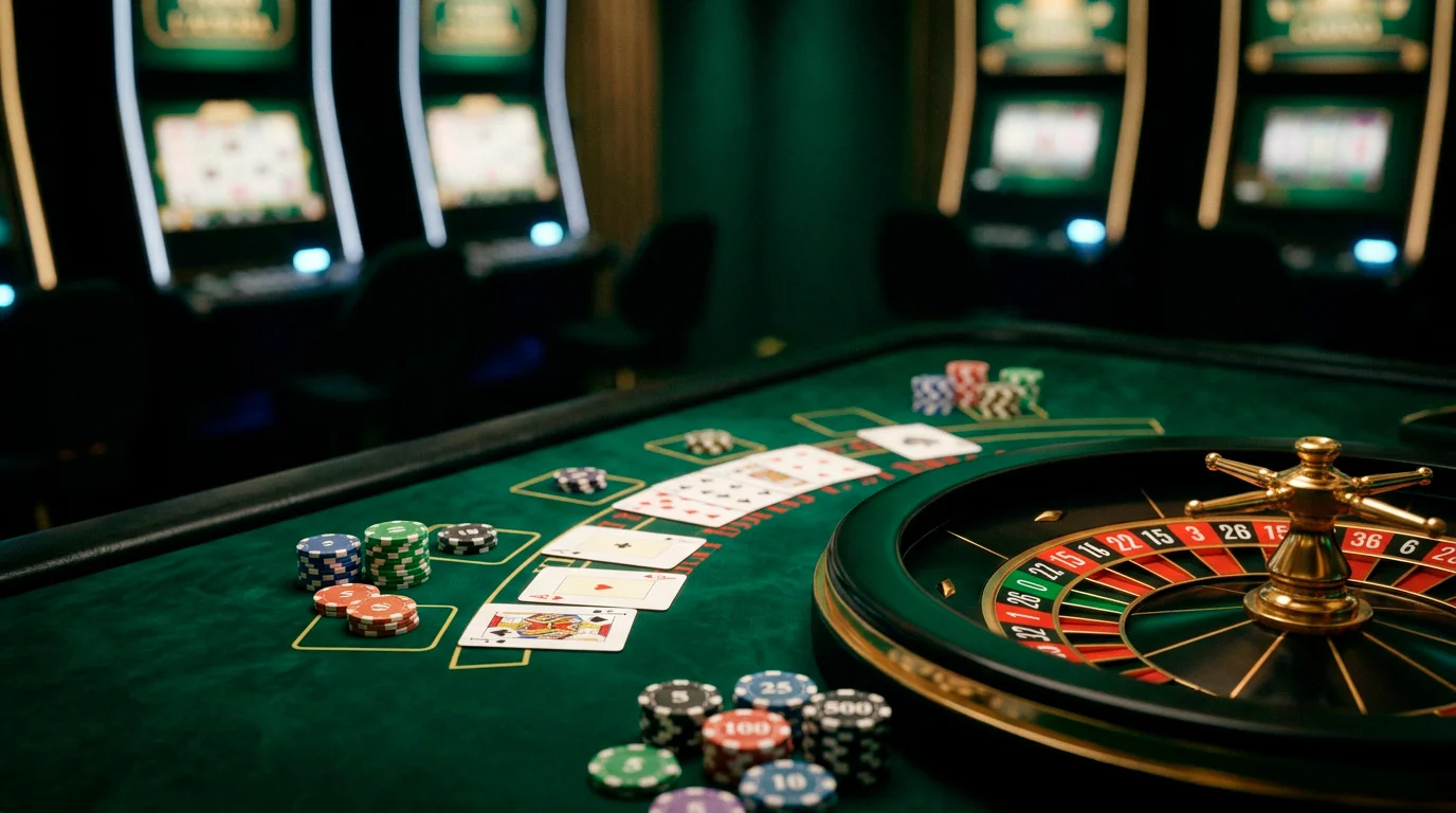 Tavolo da gioco digitale con roulette, fiches colorate e carte su sfondo scuro illuminato da luci al neon blu e dorate