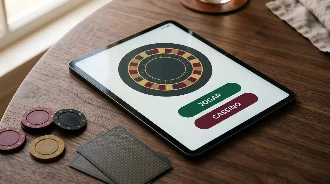 iPad pousado numa mesa escura com ecra a exibir uma interface de casino online com roleta e slots, rodeado por fichas de casino desfocadas
