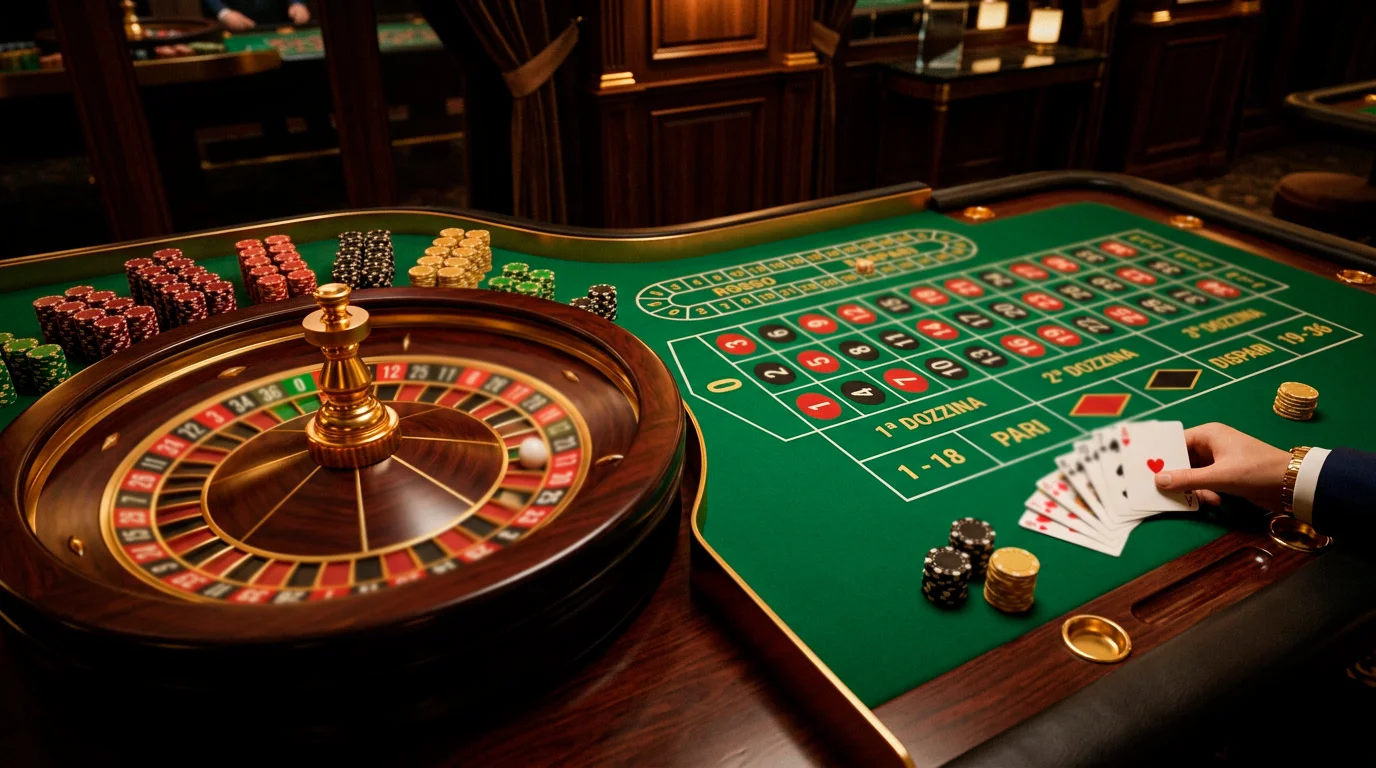 Tavolo da roulette con fiches colorate e carte da blackjack in atmosfera di casino elegante