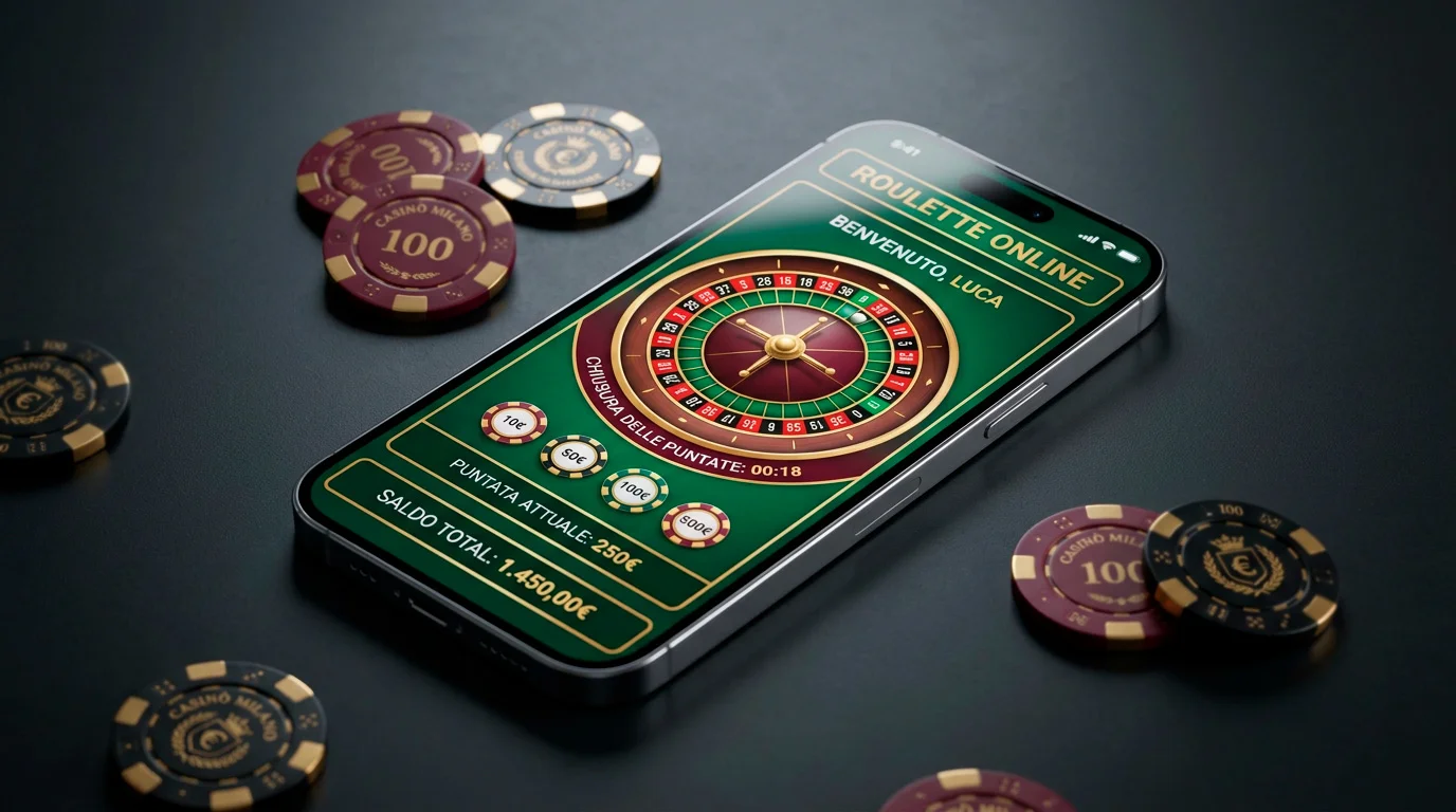 Smartphone iPhone con interfaccia di gioco da casino online su schermo scuro con fiche dorate