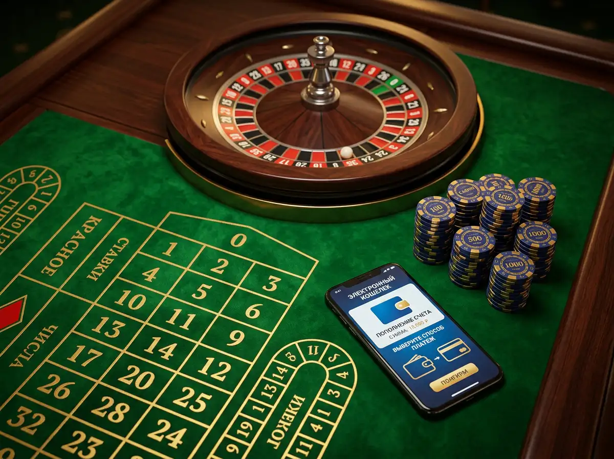 Mesa de casino iluminada con fichas y un telefono mostrando la interfaz de PayPal para depositos en linea