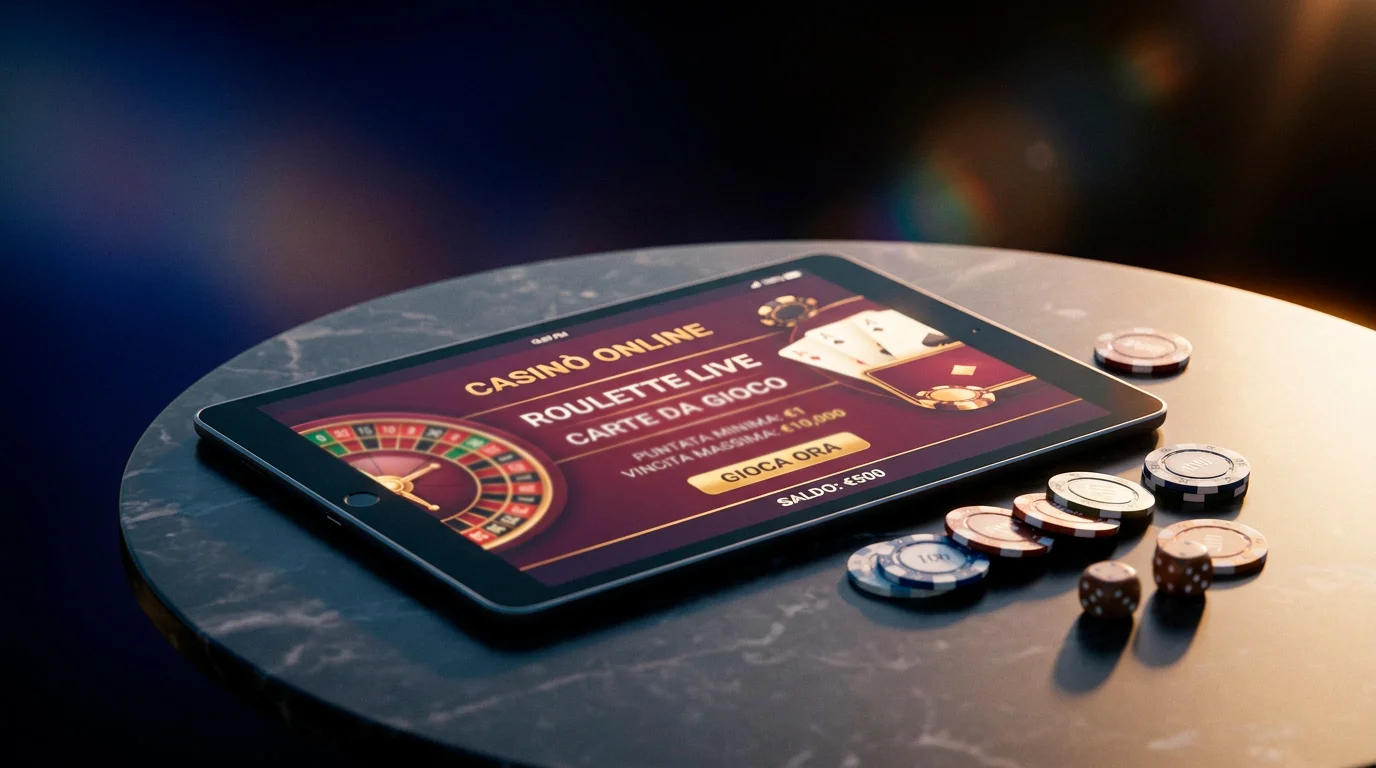 iPad appoggiato su una superficie scura con interfaccia di gioco da casino visibile sullo schermo