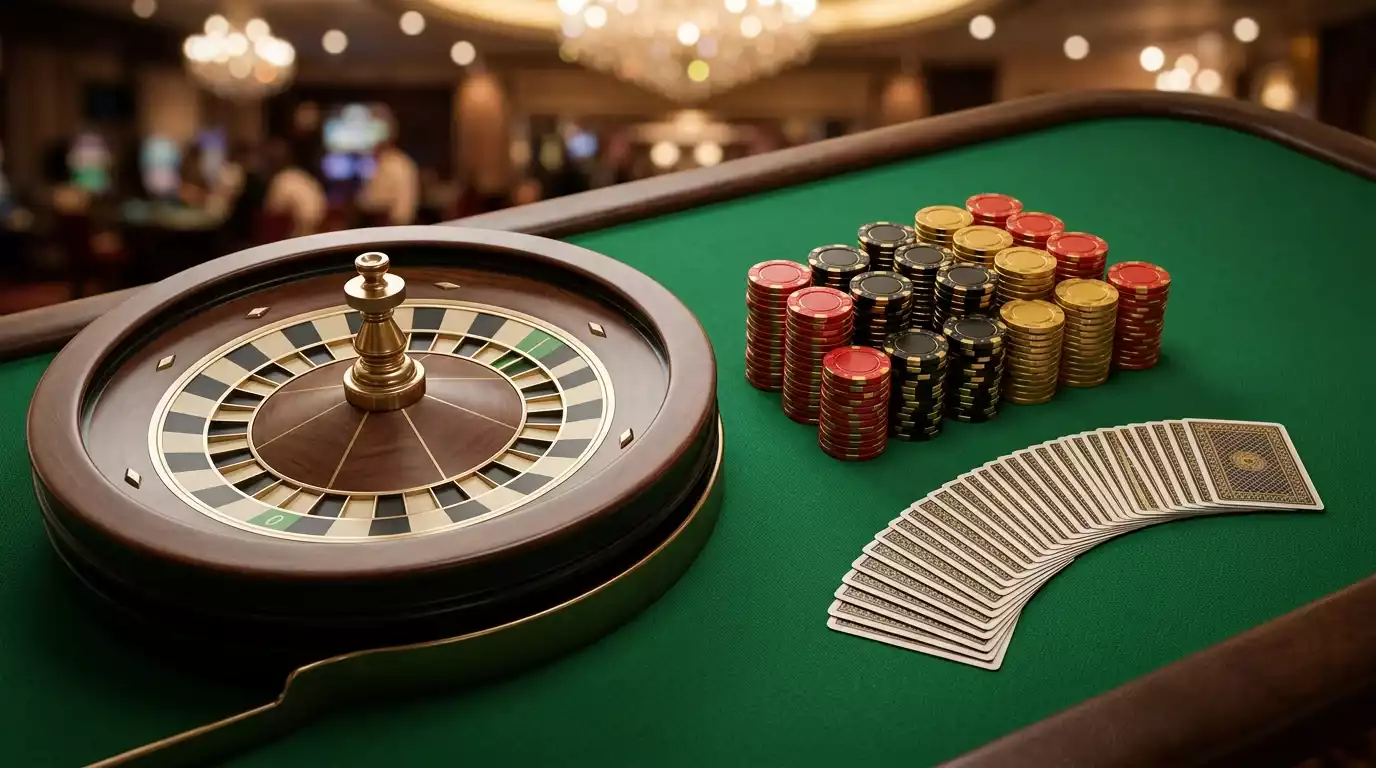 Mesa de casino com roleta, fichas coloridas e cartas de baralho iluminadas por luzes ambientes quentes num cenario digital elegante