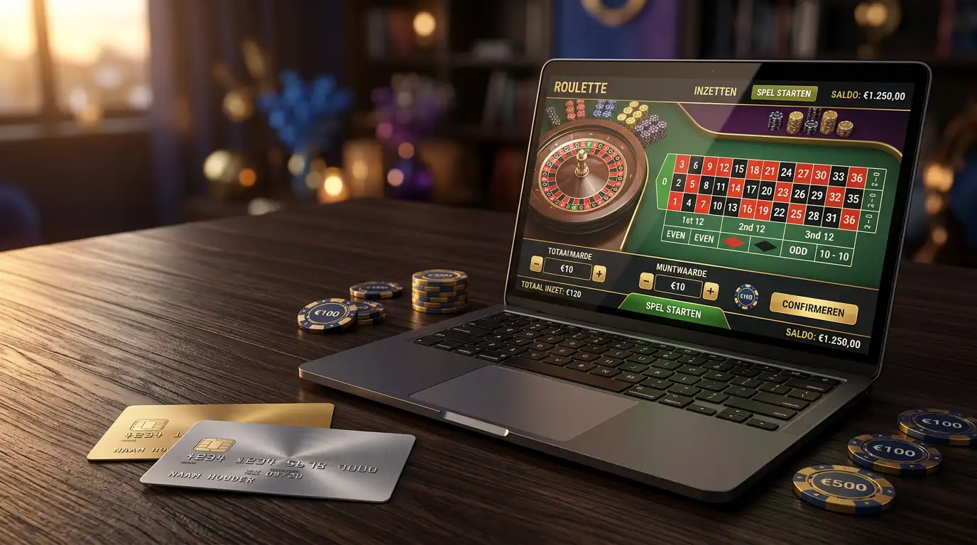 Creditcards en een laptop met een online casino-interface op een donker houten bureau met casinofiches