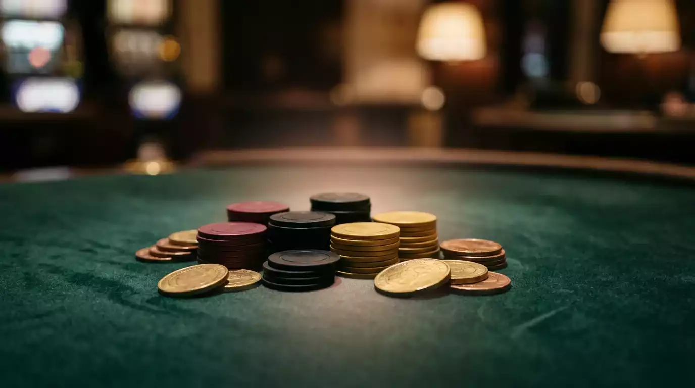 Fichas de casino coloridas e moedas douradas sobre um tapete de jogo verde num ambiente de casino online