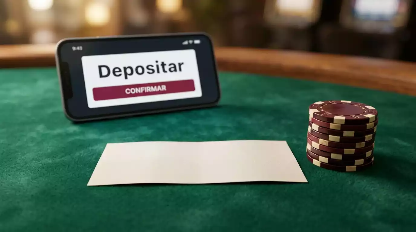 Nota de cinco euros sobre um tapete verde de casino com fichas coloridas e ecra de telemovel ao fundo